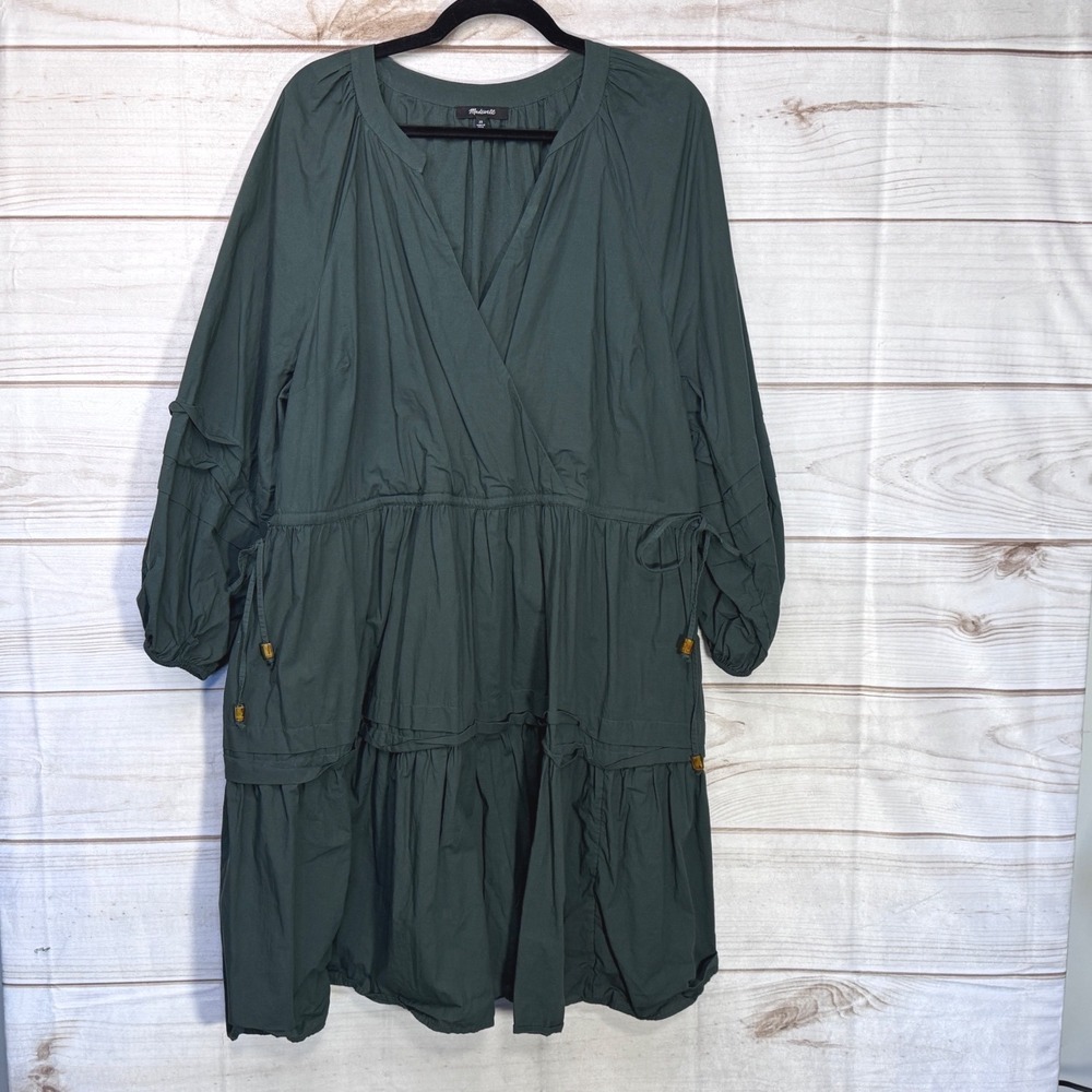 Madewell Green Cotton Tiered Midi Dress Balloon Sleeve Drawstring 2X Plus Size